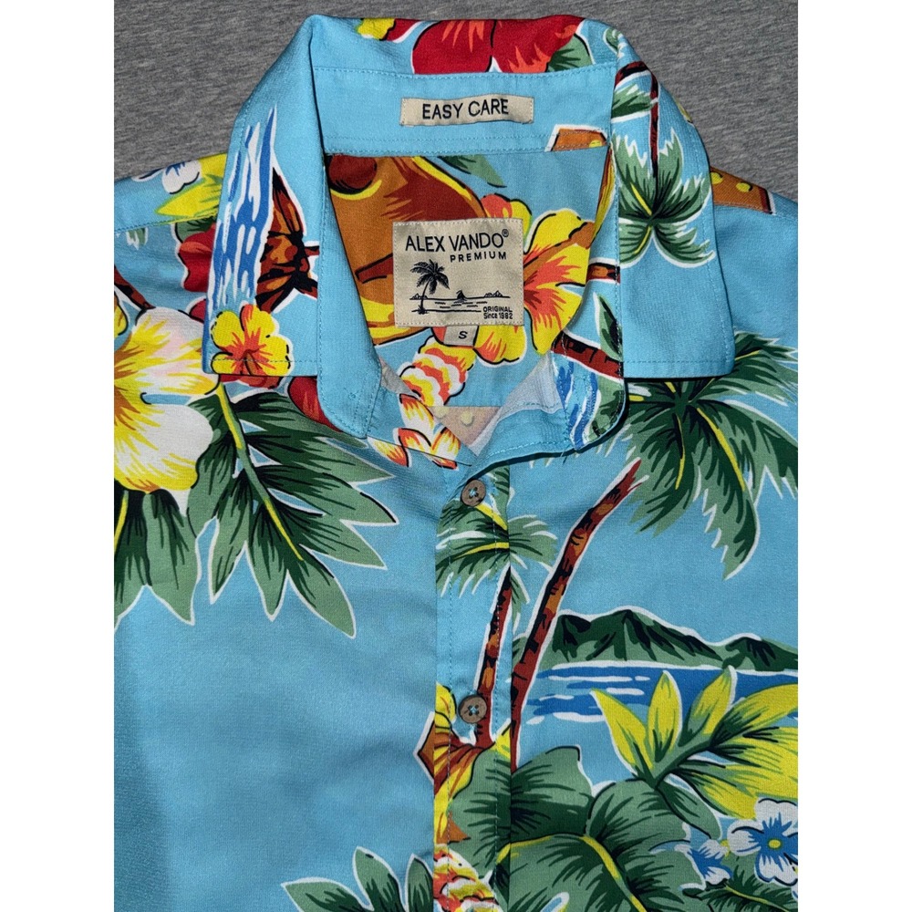 Alex Vando Tropical Hawaiian Shirt Size Small Blue Ukulele Floral Beach Airy